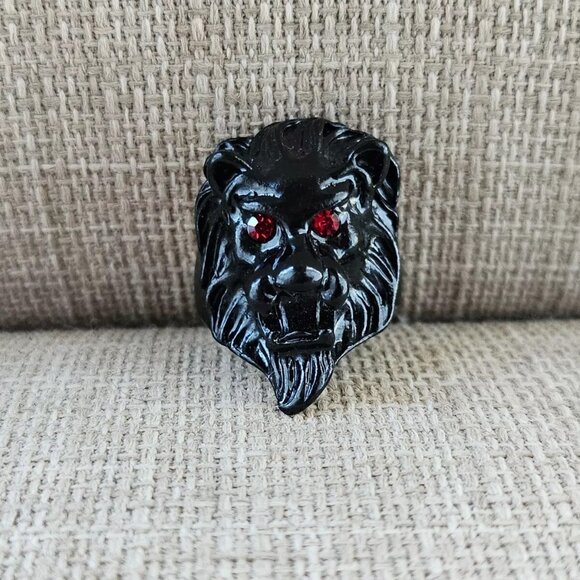 Lion Face Ring Black Tone Metal Fashion Jewelry Red Eyes Unisex Ring Size 9 - Picture 6 of 12